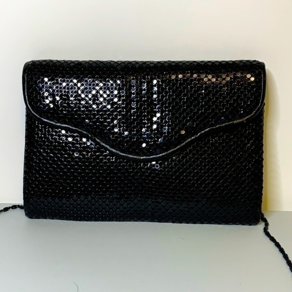 vintage black metal mesh bag with leather trim and  chain strap